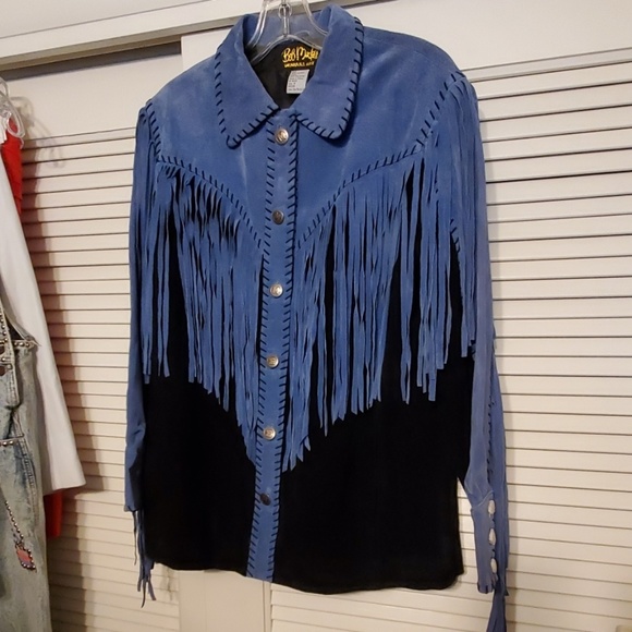 Bob Mackie Jackets & Blazers - Bob Mackie Blue and Black Suede Fringe Western Jacket